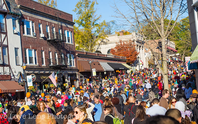 Crowds of people celebrating Halloween in Maplewood