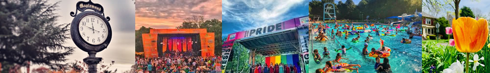 Collage of views of Maplewood, including the antique clock in town square, the Maplewoodstock stage, Maplewood PRIDE, and the community pool